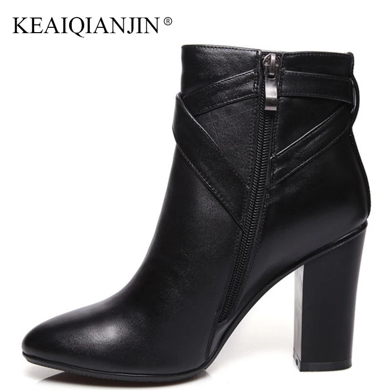 KEAIQIANJIN Woman Genuine Leather Martens Boots Fashion Black High Heeled Shoes Autumn Winter White Pointed Toe Ankle Boots 2018 цена KEAIQIANJIN Woman Genuine Leather Martens Boots Fashion Black High Heeled Shoes Autumn Winter White Pointed Toe Ankle Boots 2018 цены онлайн