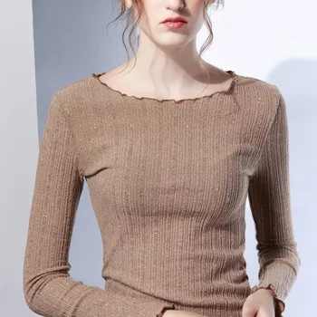 

4 Color Knit Stringy Selvedge Bottoming Blouses Women Long Sleeve O-neck Ruffles Shirt Classic Silver Shine Tops Shirts Blouse