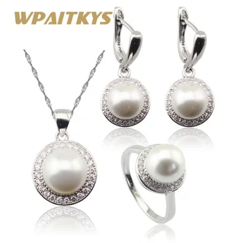 

Round White Freshwater Pearl Silver Color Jewelry Sets For Women Necklace Pendant Drop Earrings Rings Free Gift Box