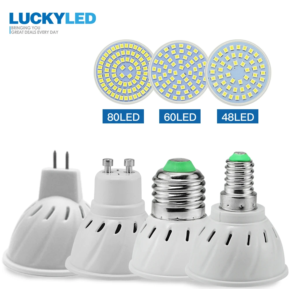 Счастливая светодиодный Светодиодный прожектор лампы E27 E14 MR16 GU10 220V 110V 2835 SMD 48 60 80 s
