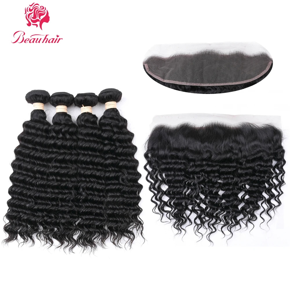 Beauhair Peruvian Deep Wave 4 Bundles With closure Human Hair Bundles With Closure Non-Remy Lace Frontal Closure With Bundles