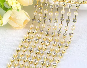 

New 10 Meters 4mm White Pearl&Rhinestone Seting Gold Claw Ribbon Trim chain Sewing Wedding Dress Diy Craft