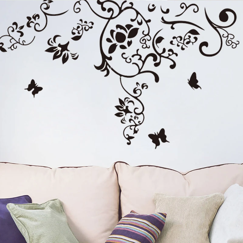 Black Classical flying butterfly flower vine wall sticker decals home