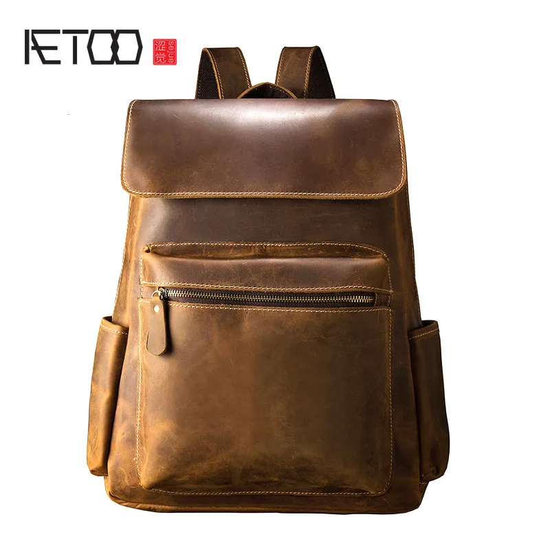 

BJYL Handmade leather shoulder bag men fashion trend cowhide backpack male travel bag man retro mad horse leather men bag bag