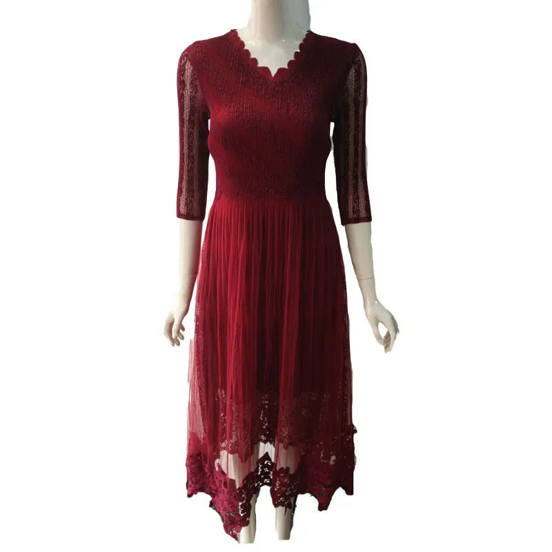 Miyak кружевное платье новое летнее женское одноцветное платье с v-образным вырезом большой размер свободное платье высокого класса Плиссированное длинное платье - Цвет: b2