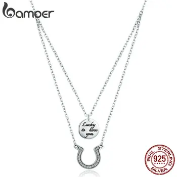 

BAMOER Genuine 100% 925 Sterling Silver Double Layers Horseshoe Coin Pendant Necklaces Women Sterling Silver Jewelry Gift SCN235