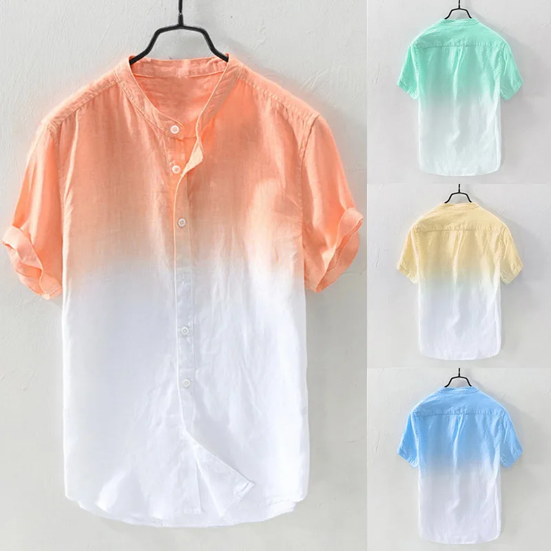 

MJARTORIA Men's Summer Linen Cotton Slim Fit Short Color Gradient Sleeve Casual Breathable Tropical Hawaiian Shirt