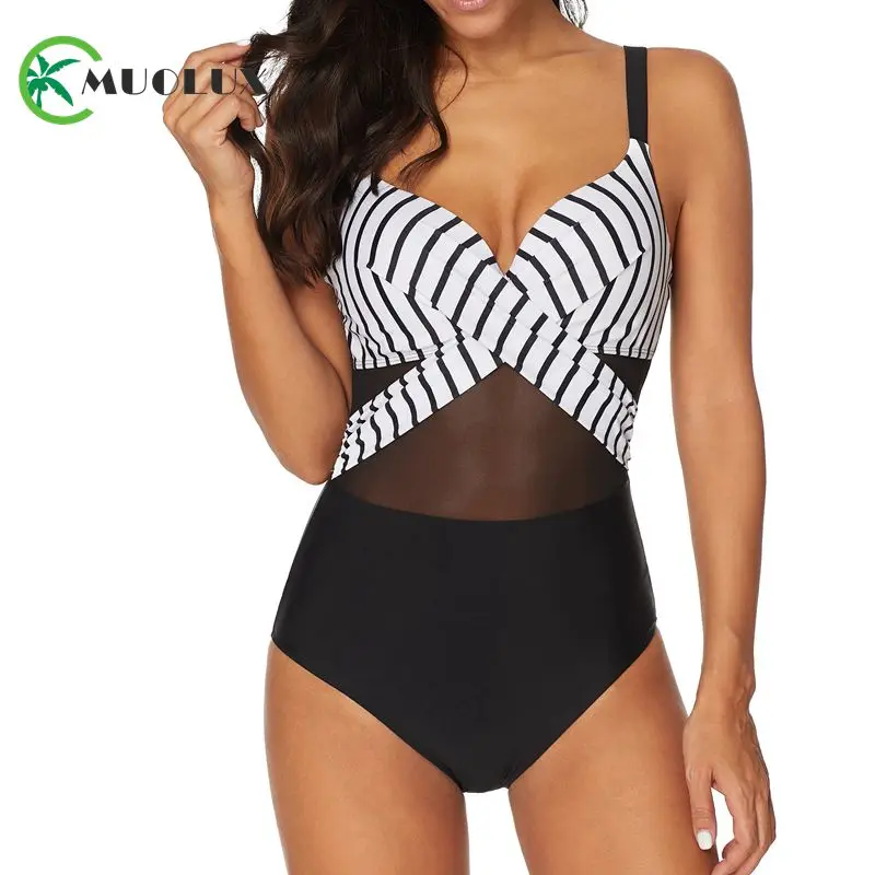 

MUOLUX 2020 One Piece Swimsuits Sexy Vintage Stripe Print Swimwear Women Bathing Suit Female Mesh Backless Monokini Plus Size