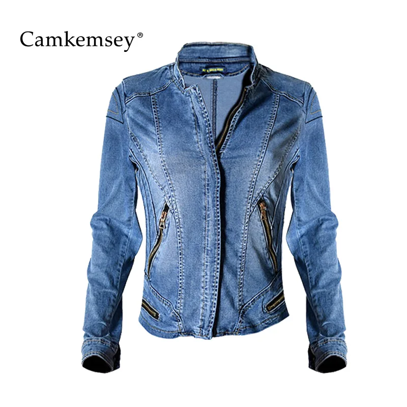 

CamKemsey Women Denim Jackets Autumn Long Sleeve Casual Stand Collar Motorcycle Zippers Jeans Jacket Female Short Baseball Coats