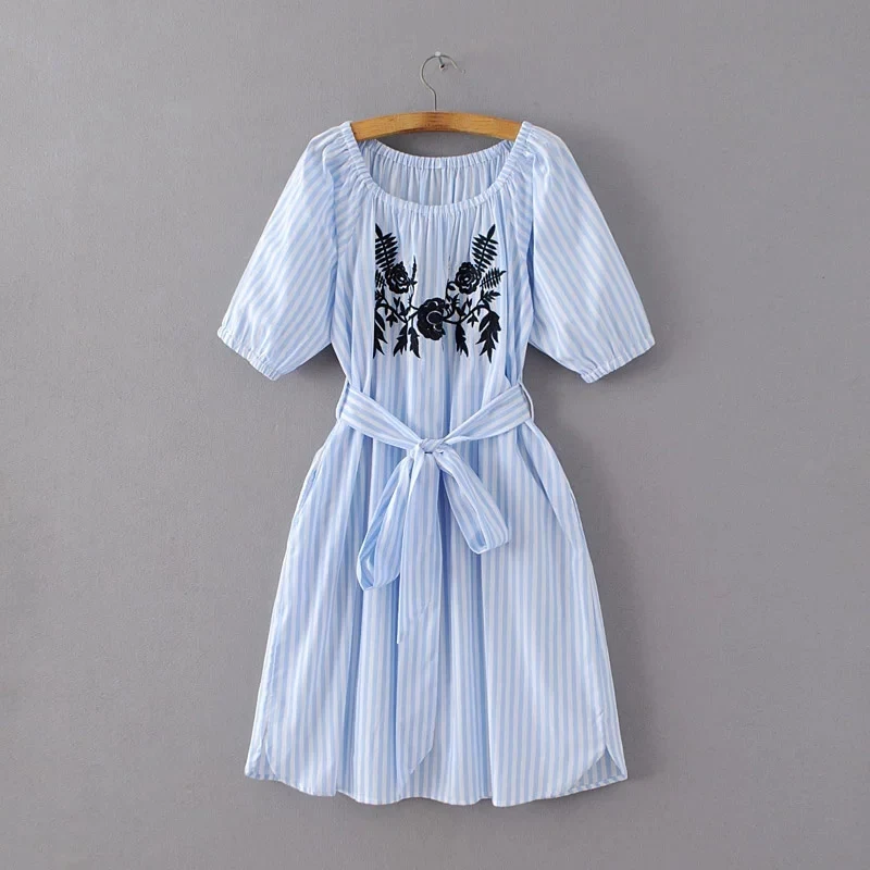 

Blue Striped Shirt Dress Women Off the Shoulder Floral Embroidery Sexy Beach Midi Dress Sundress