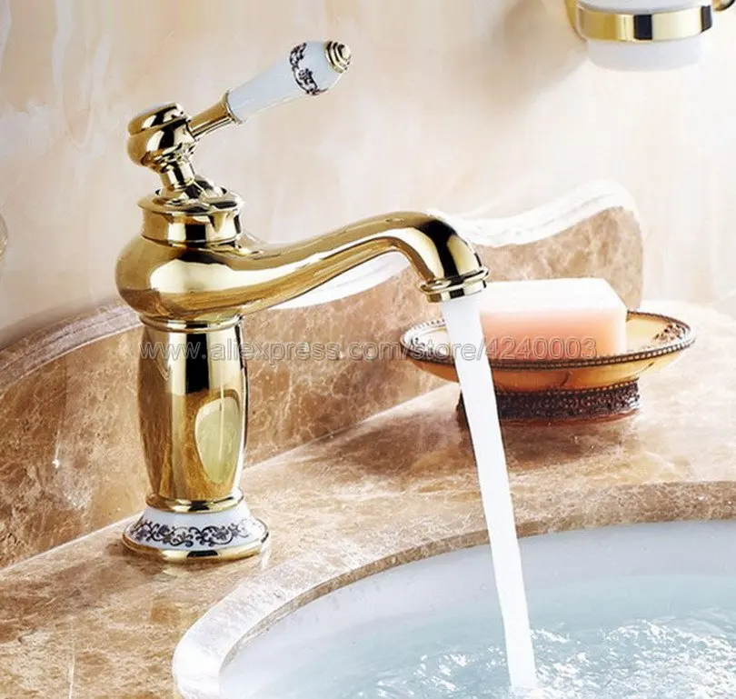 Basin Faucets Gold finish Bathroom Faucet Ceramic Single handle Basin Mixer Tap Bath Brass Sink Water Tap Knf501