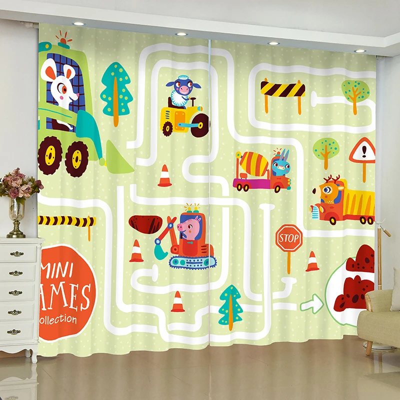 

Cartoon Digger Car Curtains for Window Children Room Decor Blinds Finished Drapes Window Blackout Curtains Parlour Room Blinds