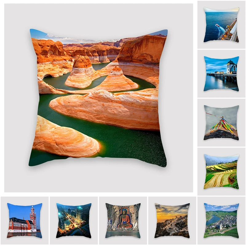 

Fuwatacchi Scenic Cushion Cover Ocean Tower Night View Flower Decorative Pillows Cover Car Home Wedding Decoration Pillow Case