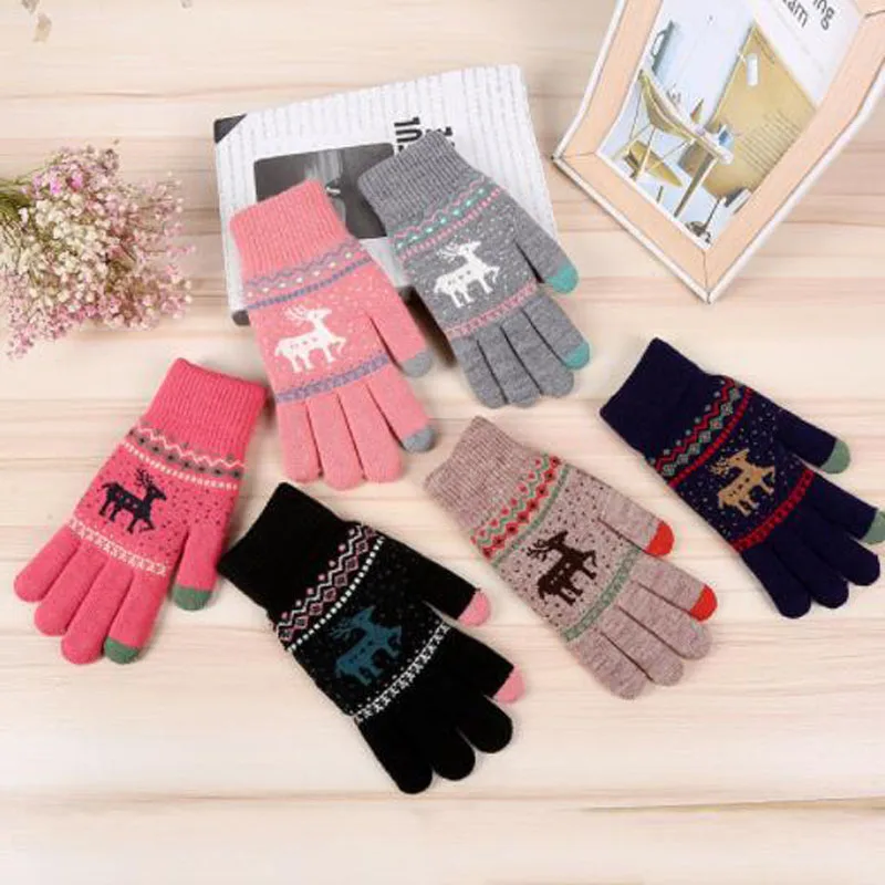 300 пара/лот милые вязаные перчатки с оленем оленя полный палец зимние перчатки варежки с сенсорным экраном для женщин женские перчатки