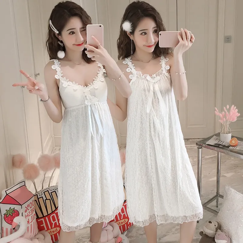 

Sexy Lingerie Spaghetti Strap Nightgown for Women 2019 Summer 100% Cotton Sleepwear White Lace Home Dress Nightdress Night Dress