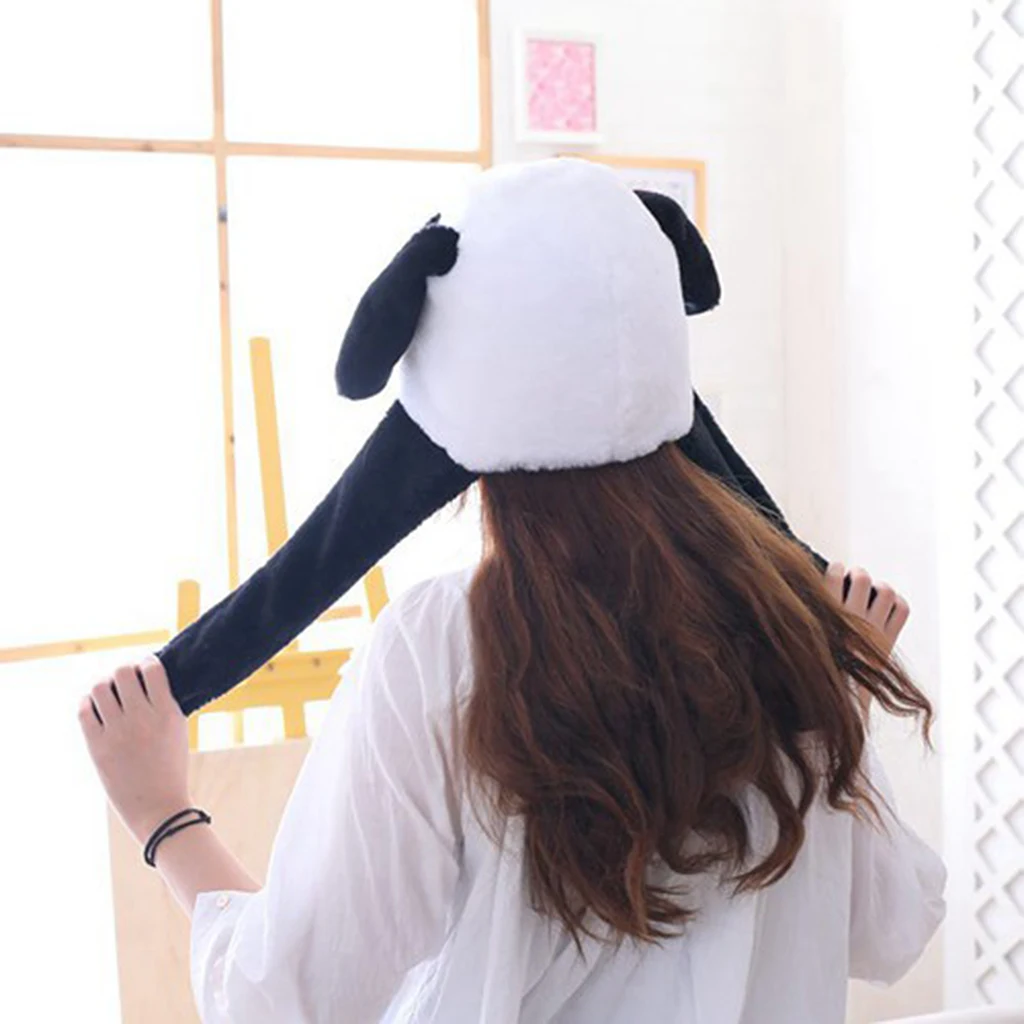 Black White Panda Hat Ear Moving Jumping Hat Funny Animal Design Plush Warm Hat Cap for Womens Girls