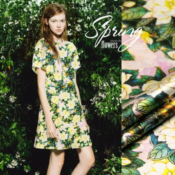 

Sale!118cm wide 19mm yellow floral 93% silk & 7% spandex silk satin fabric for dress choengsam dress soft smooth fabric