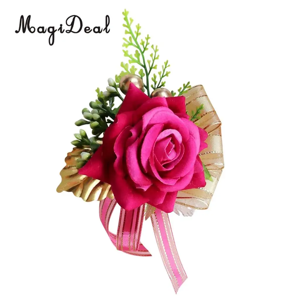 Romantic Artificial Rose Flower Pearls Wedding Corsage Boutonniere for Bridal Groom Fancy Dress