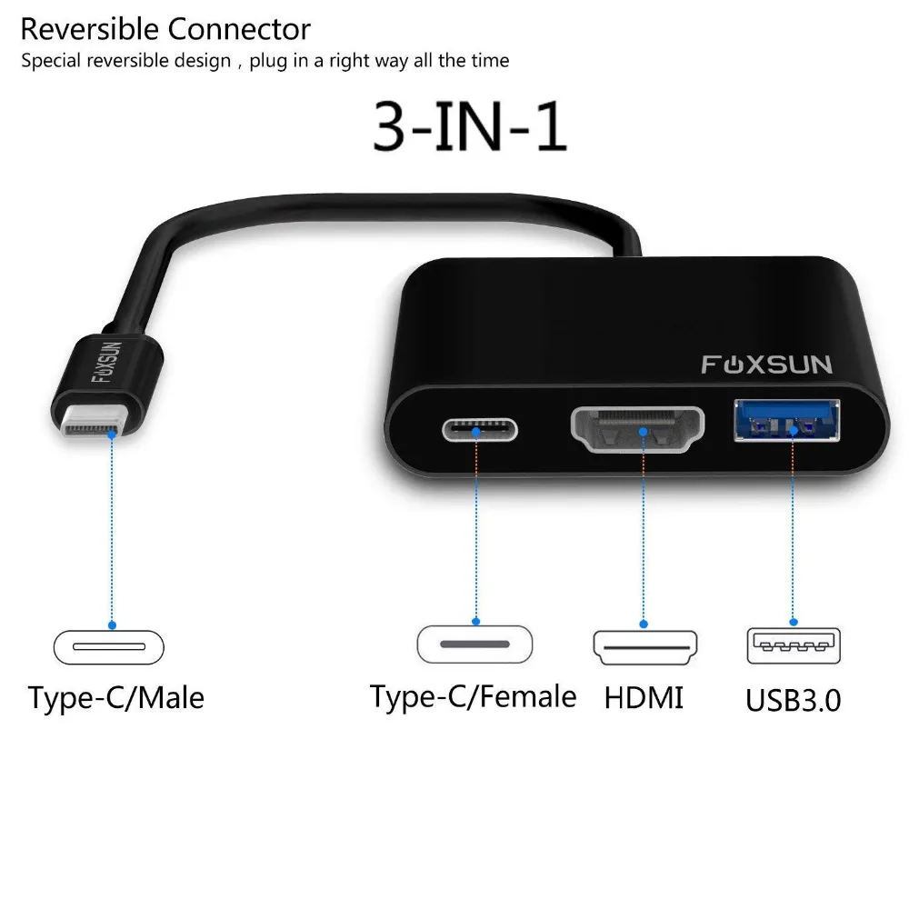 3 in1 أوسب 3.1 نوع C إلى محول HDMI مع منفذ أوسب 3.0 و USB-C تسليم السلطة مولتيبورت نوع ج مهايئ توزيع مع حالة الألومنيوم