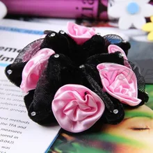 New Rose Flower Bun Garland Floral Head Knot Hair Top Elastic Bridal Scrunchie Band-J117