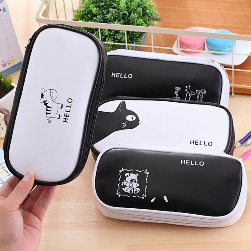 

1PC Kawaii Simple Pencil Case Boys Girls Pencil Box Bag Pouch School Supplies Black White Zebra Cat Bear PU Leather Stationery