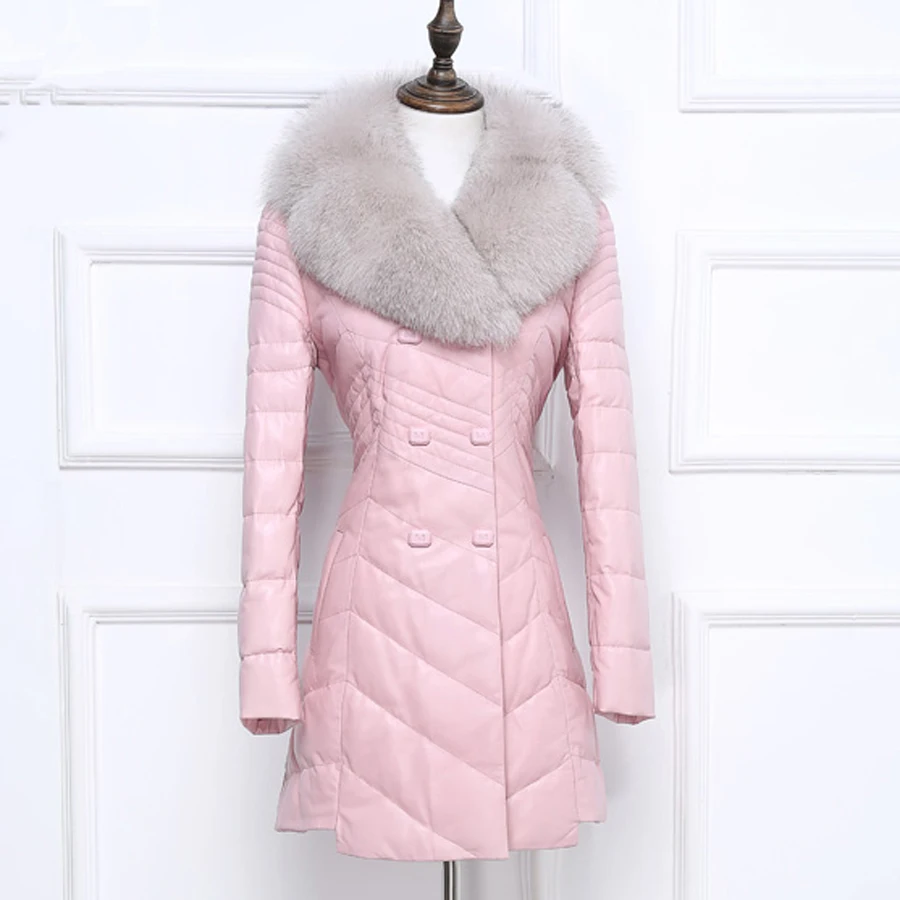 Leather suede sheepskin coat women pink coat real fox fur collar