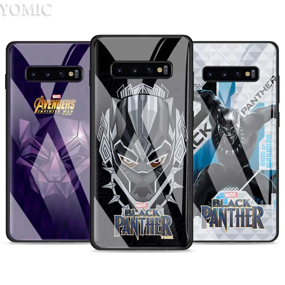 

Tempered Glass Case for Samsung Galaxy S10e S10 S8 S9 Plus Note 9 10 A50 A70 Phone Cover marvel black panther Luxury Glass Case