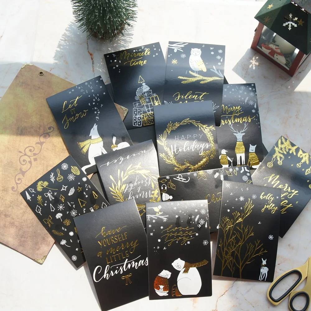 

14.3*9.3cm 12pcs Christmas Gold black forest snow Design Card Gift Greeting Cards Gift Cards Party Invitation