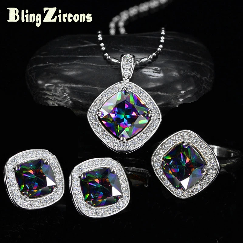 

BeaQueen Dazzling 3 PCS Big Square Cut CZ Mystic Rainbow Crystal Silver 925 Ring Earrings Necklace Women Jewelry Sets JS088
