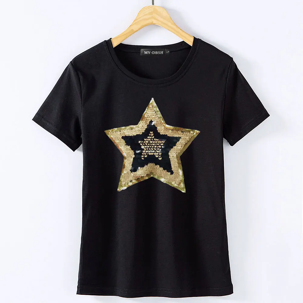 Большие размеры, модные блестящие звезды блестки, футболка с коротким рукавом для женщин, летние свободные повседневные блестящие футболки, топы - Цвет: O-Black