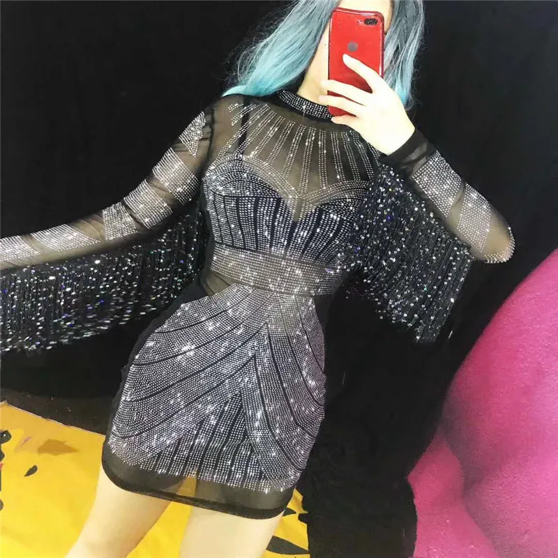 

Y22 Singer Black Sexy Perspective Crystals Tassels Sleeve Short Dress Mesh See-through Rhinestones Tights Dress Dance Costumes