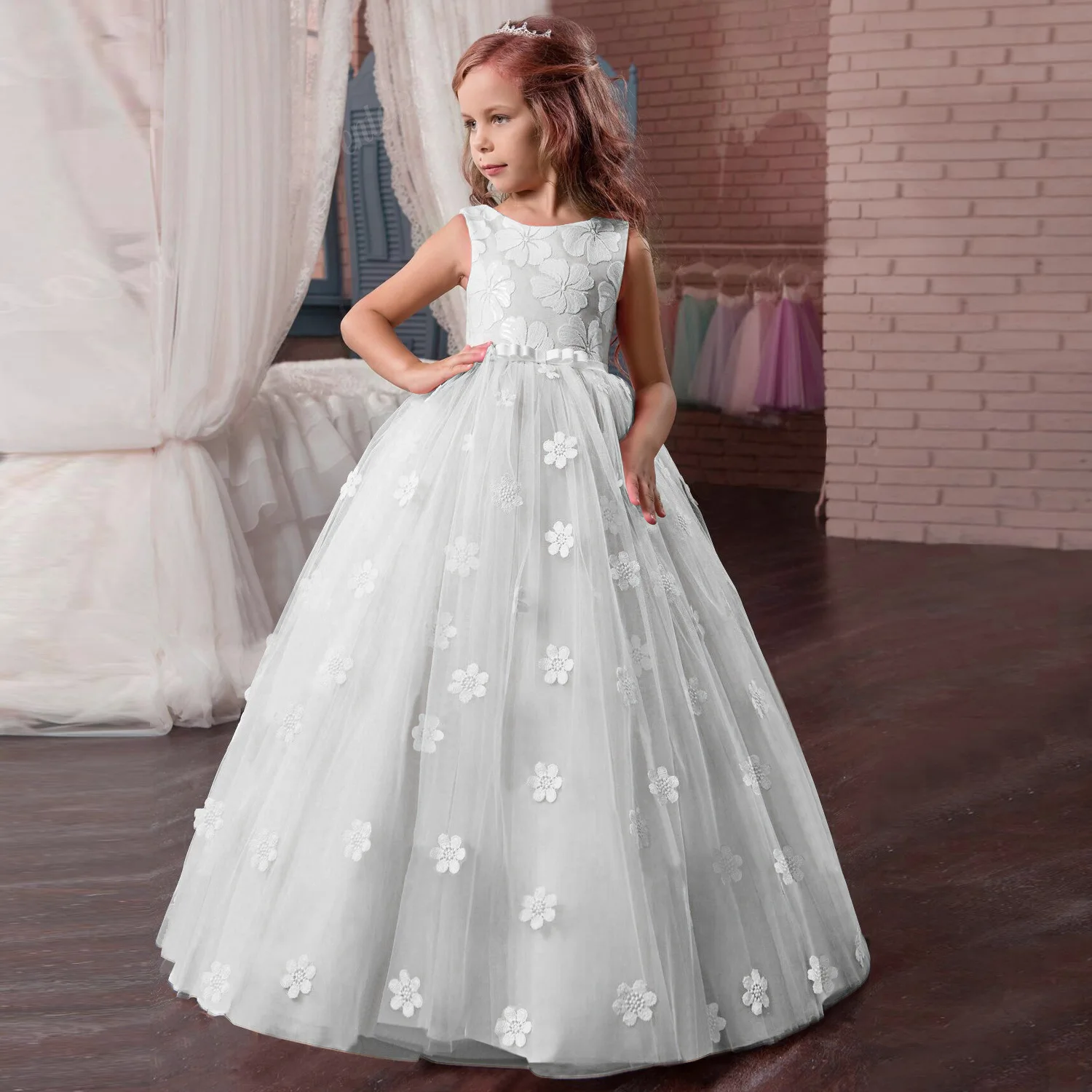 Кружевное длинное платье с цветочным узором для девочек; Детские платья принцессы для свадебной вечеринки; детская Рождественская одежда; Vestidos Для Дня благодарения - Цвет: White
