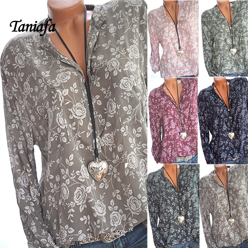 

Taniafa New Arrival Women Shirt Long Sleeve V-Neck Button Print Casual Sexy Shirts Career Fashion Office T Shirts Tops Plus Size