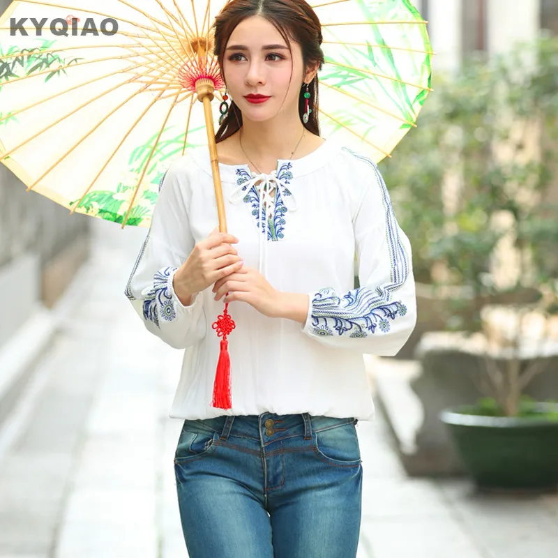 

KYQIAO Ethnic shirt 2019 women autumn winter Spain hippie bohemian long sleeve v neck white embroidery tassels blouse blusa