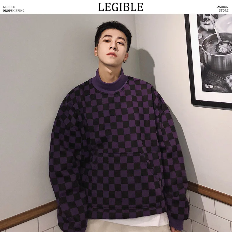 LEGIBLE Men Plaid Harajuku Sweatshirts Mens Thick Japanese Streetwear Sweatshirts Male Hiphop Black Pullover Hoodie LEGIBLE Men Plaid Harajuku Sweatshirts Mens Thick Japanese Streetwear Sweatshirts Male Hiphop Black Pullover Hoodie