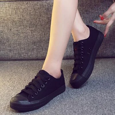 Полностью черная парусиновая обувь; женская повседневная обувь; кроссовки; zapatos; сезон весна-лето; дышащая обувь на низком каблуке; хорошее качество; - Цвет: black 2