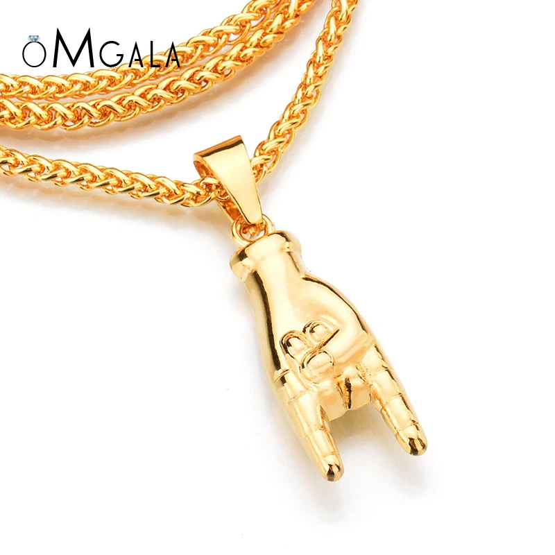 

OMGALA Gold Color Buddha Hand Pendant Necklace Long Chain Rock Horned Hand Charm Necklaces Hip Hop Jewelry For Men Women Gift