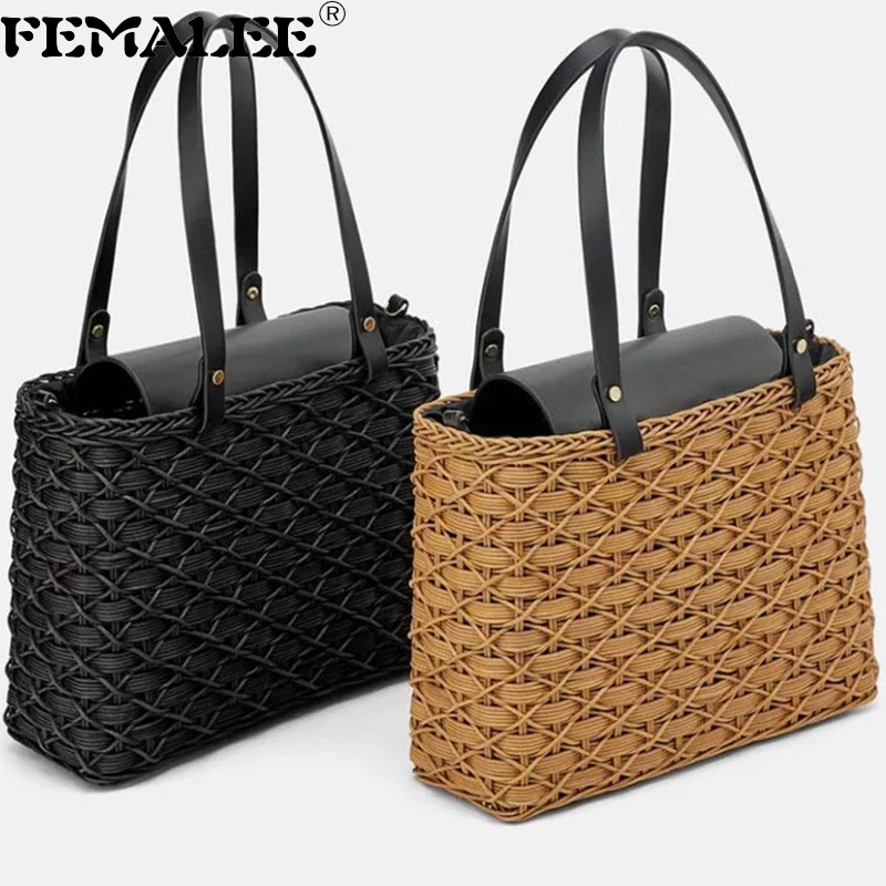 

FEMALEE X Cross Knitting Rattan Handbag Vintage Black Beach Bag Handmade Woven Summer Holiday Shoulder Totes Bali Wicker Bags