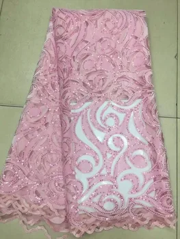 

2019 High Quality African Lace Fabric Baby pink Velvet French Net Embroidery Sequins Tulle Lace Fabric For Nigerian party Dress