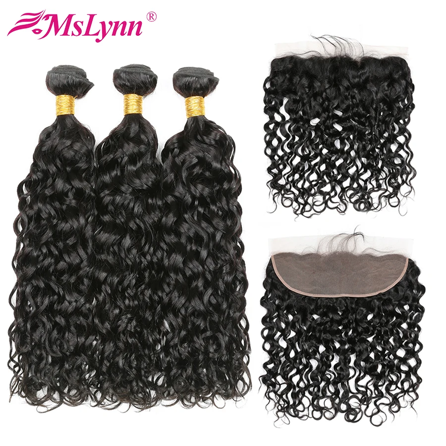 altMslynn Hair Water Wave 3 Bundles With Frontal Peruvian Human Hair Bundles With Closure ear to ear Lace Frontal Closure Non Remy