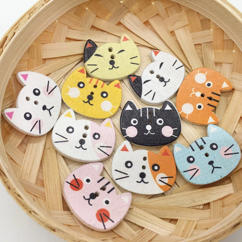 

Cartoon Cat Style Wood Buttons 50pcs/pack Mixed Colors Decorative Wooden Buttons For Arts Crafts Decorations & Sewings 25x20mm