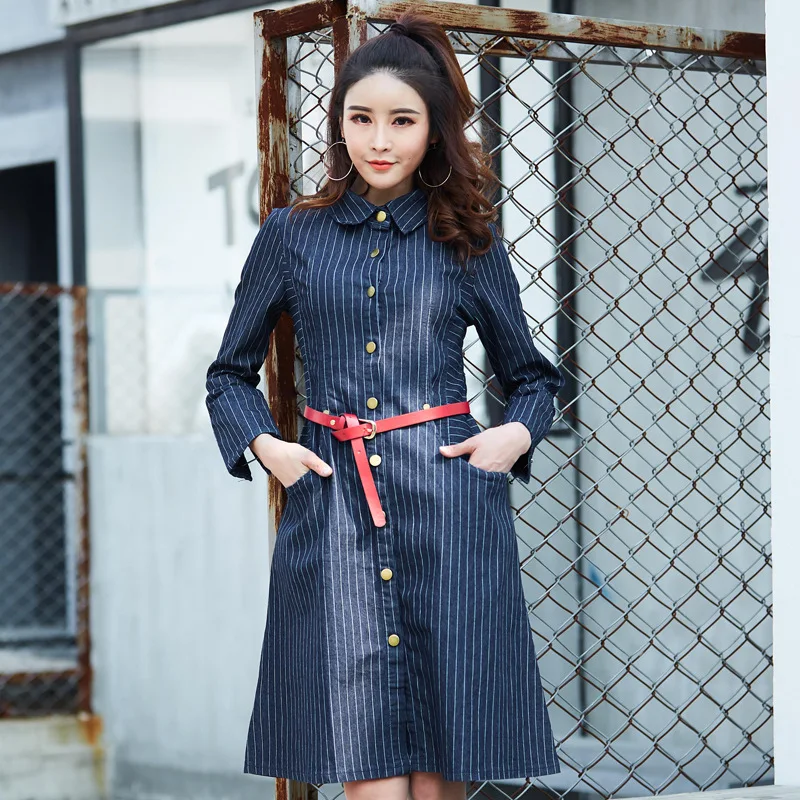 

Autumn Winter Women Denim Shirt Dress 2020 Elegant Button Long Sleeve Ladies Slim Single-breasted Striped long Jeans Dresses