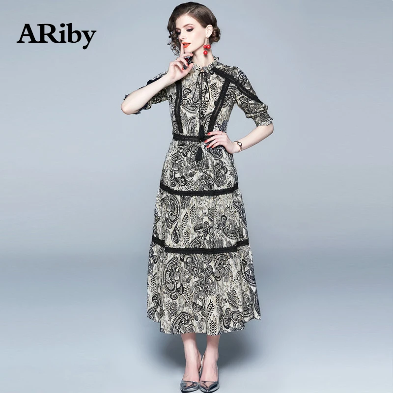 Women Dress Stand Collar Dress 2019 Spring Summer New Elegant French Retro Lady A-Line Print Lace Lantern Sleeves Long Dress