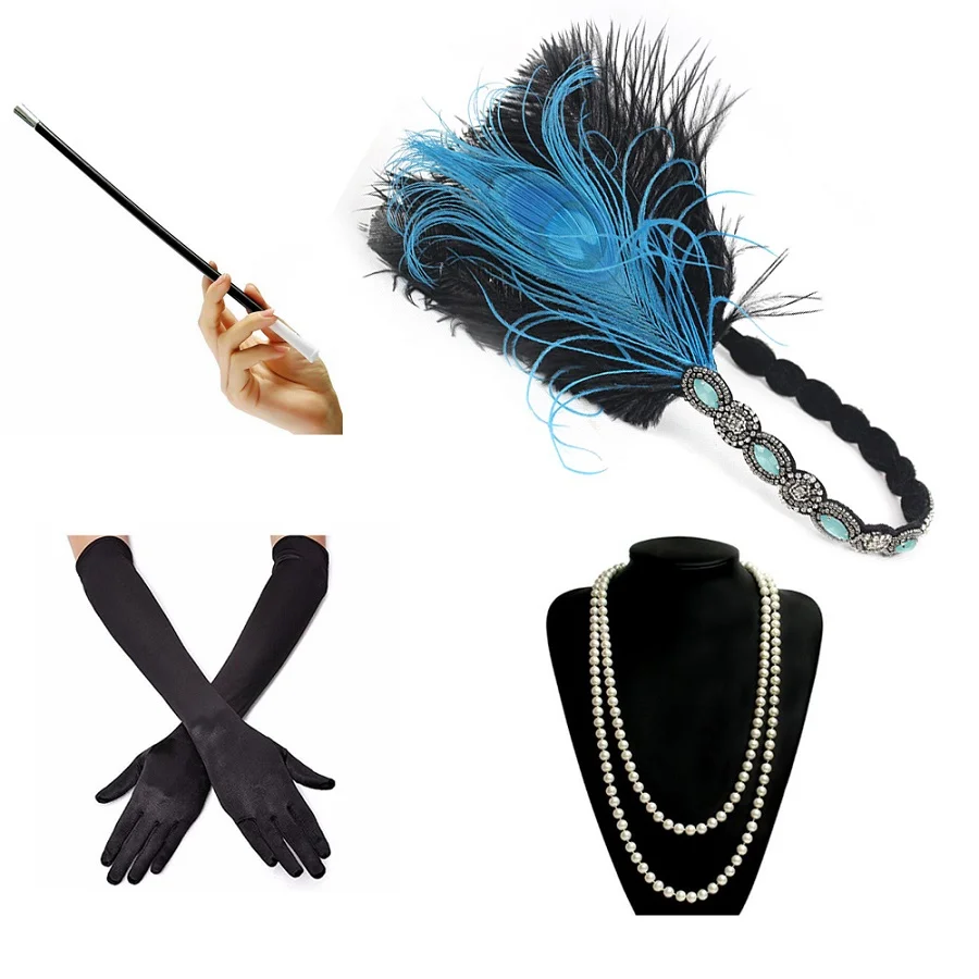 1920s Набор аксессуаров для костюмированной вечеринки "ГРЕЙТ Гэтсби", 20s головная повязка с перьями, жемчужное ожерелье, перчатки, держатель для сигарет, комплект из 4 предметов - Цвет: set 219-turquoise
