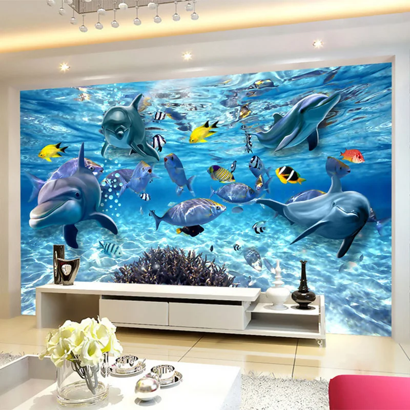 3D мультяшный плакат обои HD подводный мир, дельфин фото настенная ткань детская спальня фон настенное покрытие 3D декор