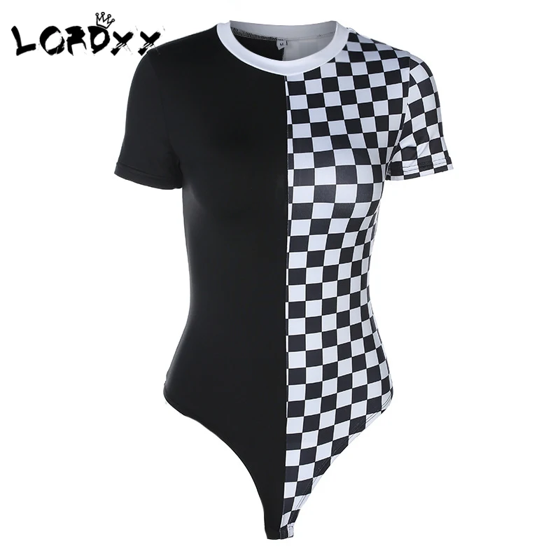 Женский клетчатый боди LORDXX черно белый комбинезон с коротким рукавом|fashion