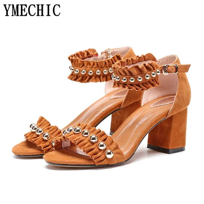 En Peau 2018 Princesse La Ruches Hauts Ymechic Mode Noir Bride Summer orange Cheville Mouton À Chaussures Mariage Talons Dames Sandales Femme De Party Rivets XqdqyY