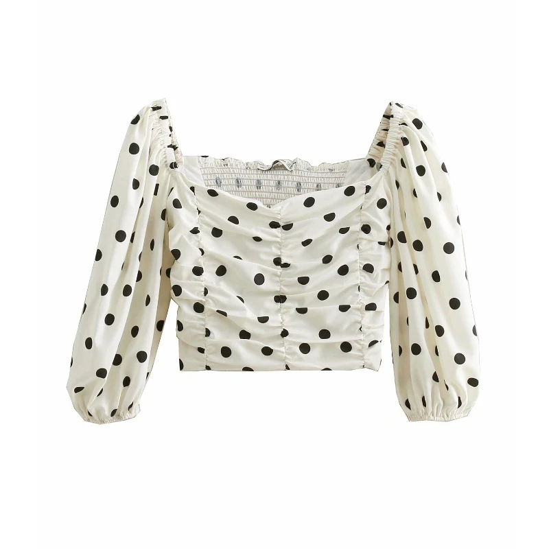 

women sexy slash neck polka dots printing casual short blouse shirt women lantern sleeve pleats femininas chemise tops LS3265