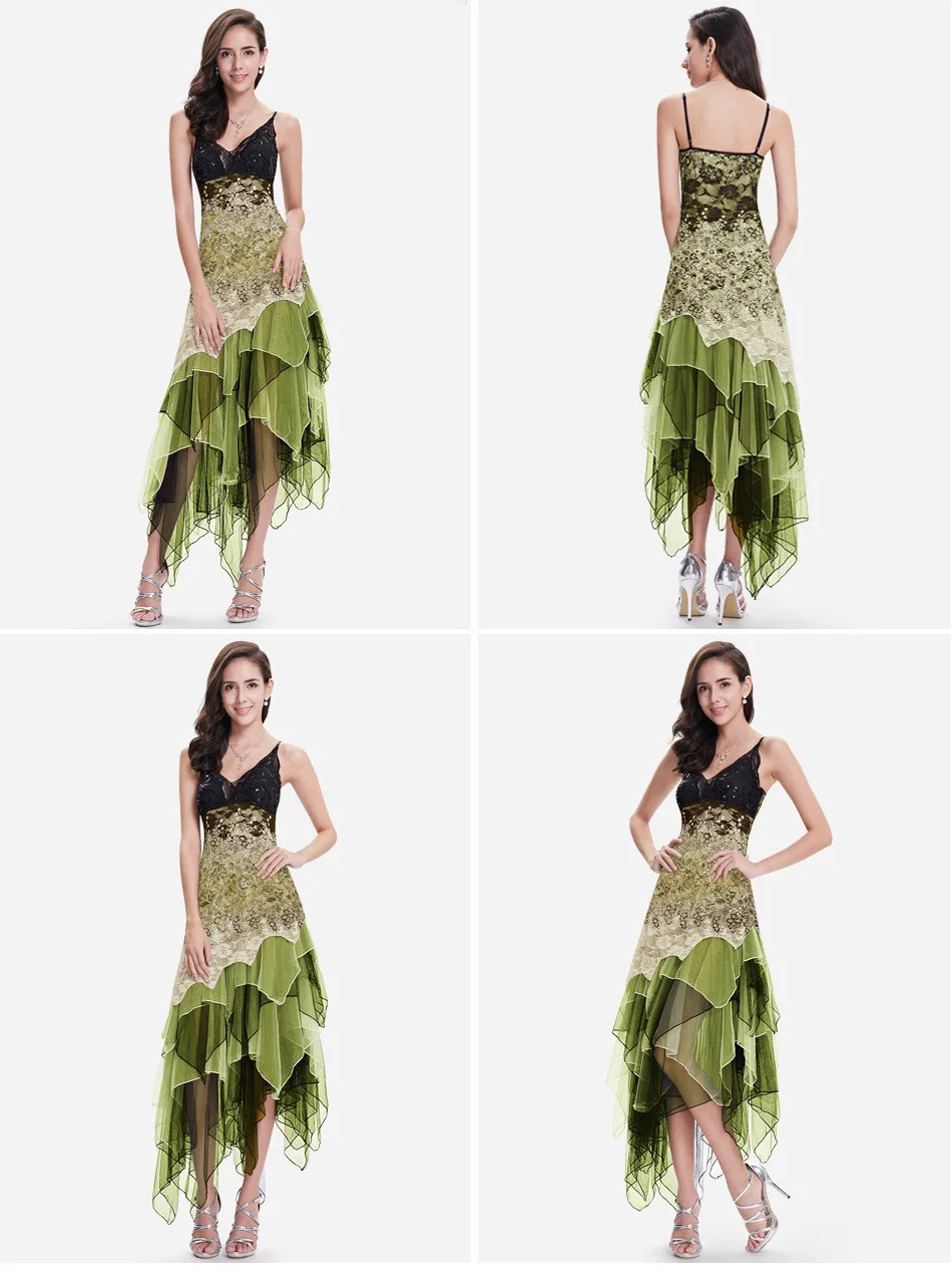 Women's Sexy Spaghetti Strap V-Neck Lace Cocktail Dress Model Green