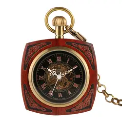 Творческий Дизайн красный деревянный римская число квадратных золотые руки Ветер Механические карманные часы Винтаж узор полые стильные